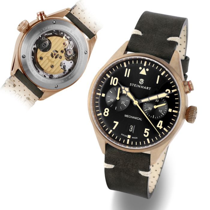 NAV.B - Monopusher 42 BLACK watch with handwinding vintage look | Steinhart Watches